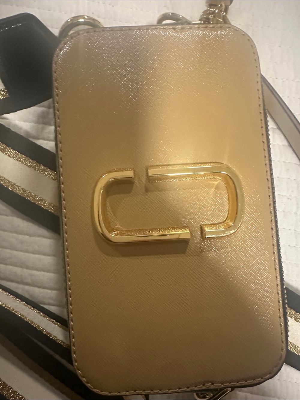 Marc Jacobs Gold Saffiano Camera Crossbody with Striped Strap - Picture 6 of 11